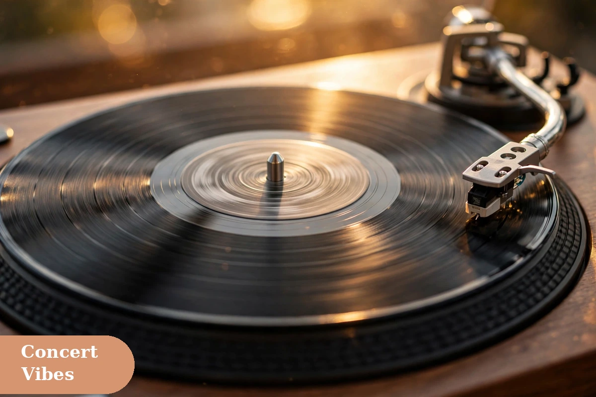 music captions for instagram with a vinyl record spinning on a turntable in warm light