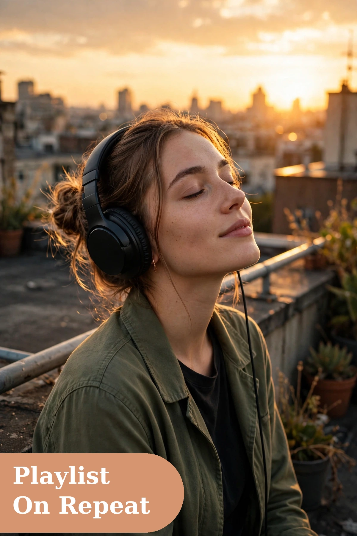 music captions for instagram with a young woman wearing headphones on a rooftop at sunset