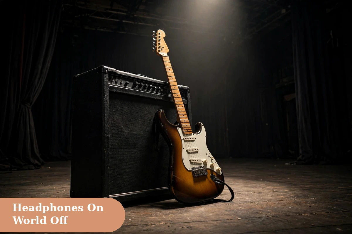 music captions for instagram with an electric guitar on an amplifier under a stage spotlight