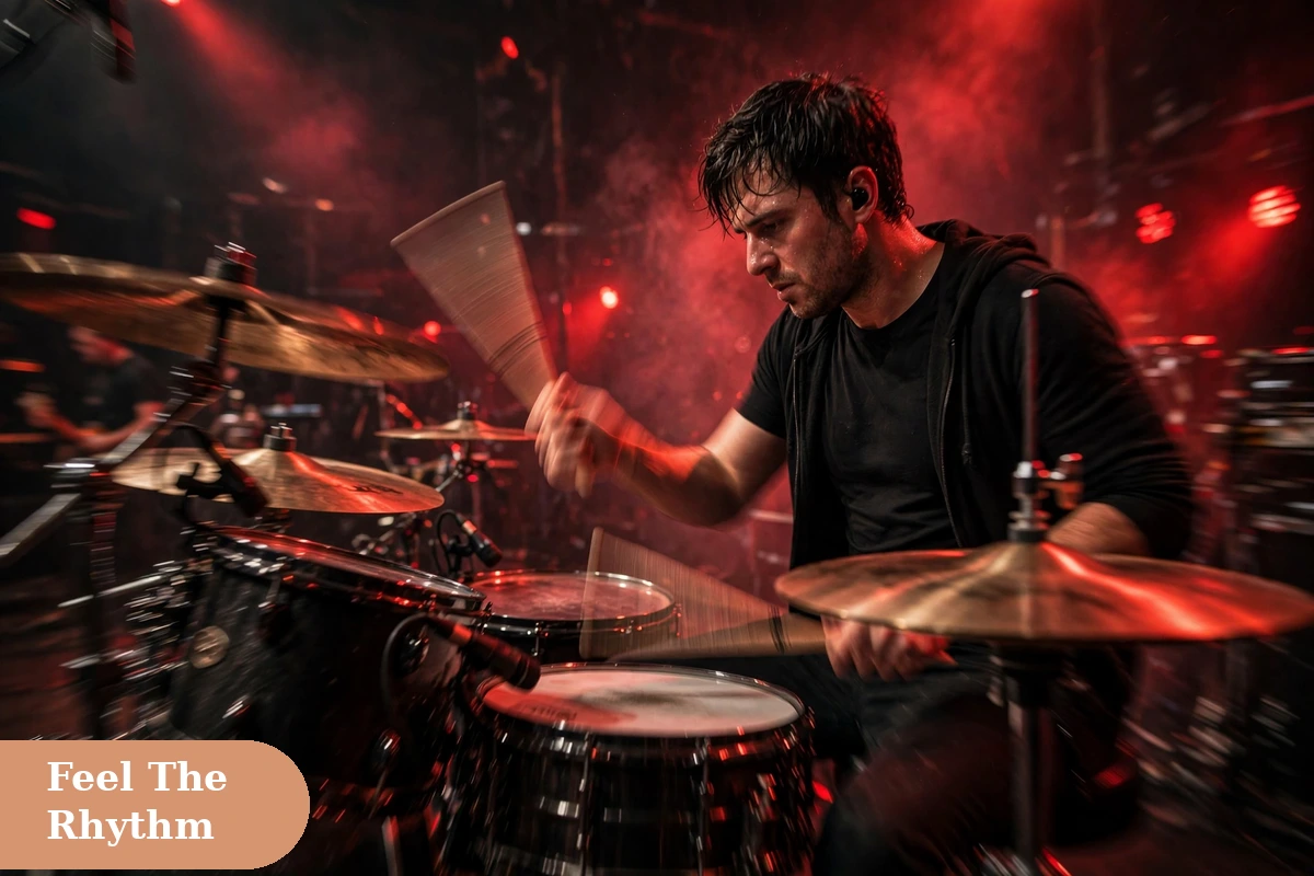 music captions for instagram with a drummer playing on stage in dramatic red lighting