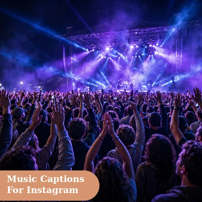 music captions for instagram featured image of a concert crowd at night under purple stage lights