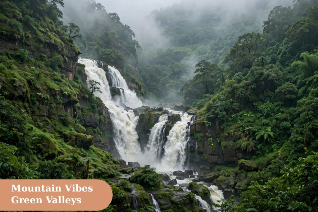 nature captions for instagram mountain image with a Western Ghats waterfall in full monsoon flow between lush green cliffs and mist