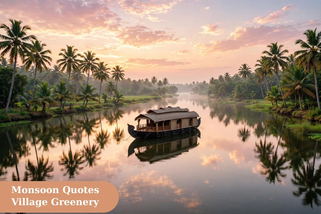 nature captions for instagram monsoon image with a Kerala backwater at sunrise showing a houseboat and coconut palms on calm water