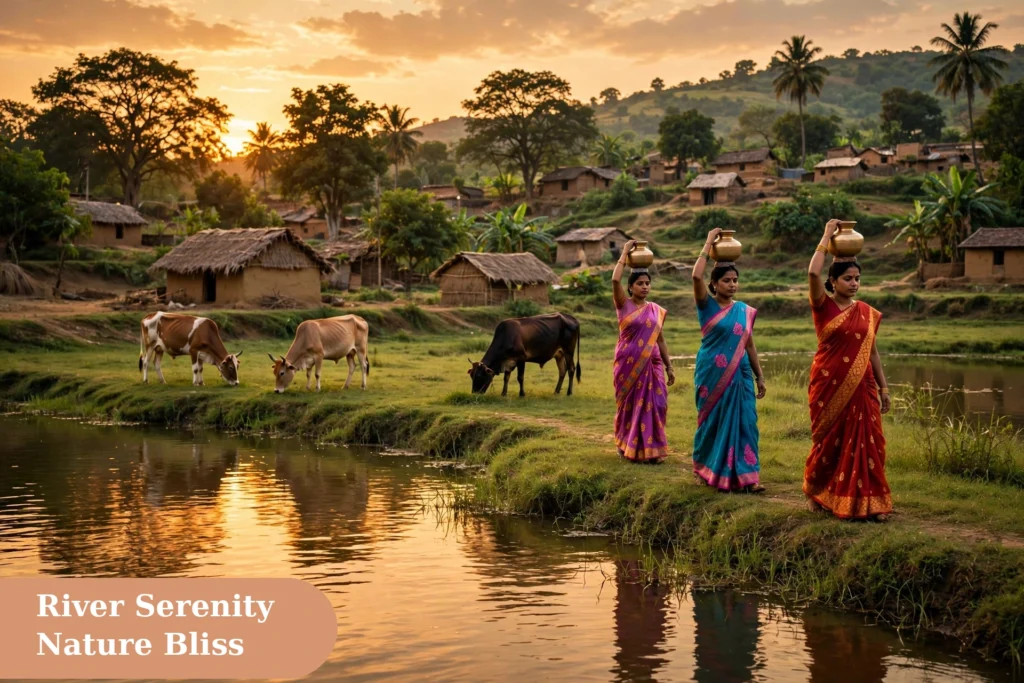 nature captions for instagram river image with an Indian village riverside at sunset where cows graze and women carry water pots