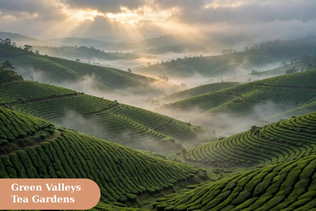nature captions for instagram green valley image with Munnar tea garden hills under morning mist and soft sun rays through clouds