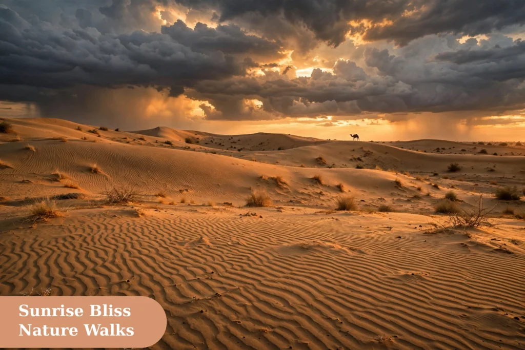 nature captions for instagram sunrise image with Rajasthan desert dunes under dramatic monsoon clouds at golden hour and a distant camel