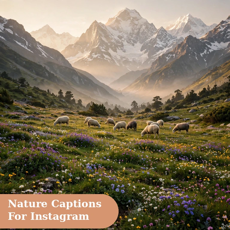 nature captions for instagram featured image with a Himalayan valley meadow of wildflowers and grazing sheep under snow peaks in morning light
