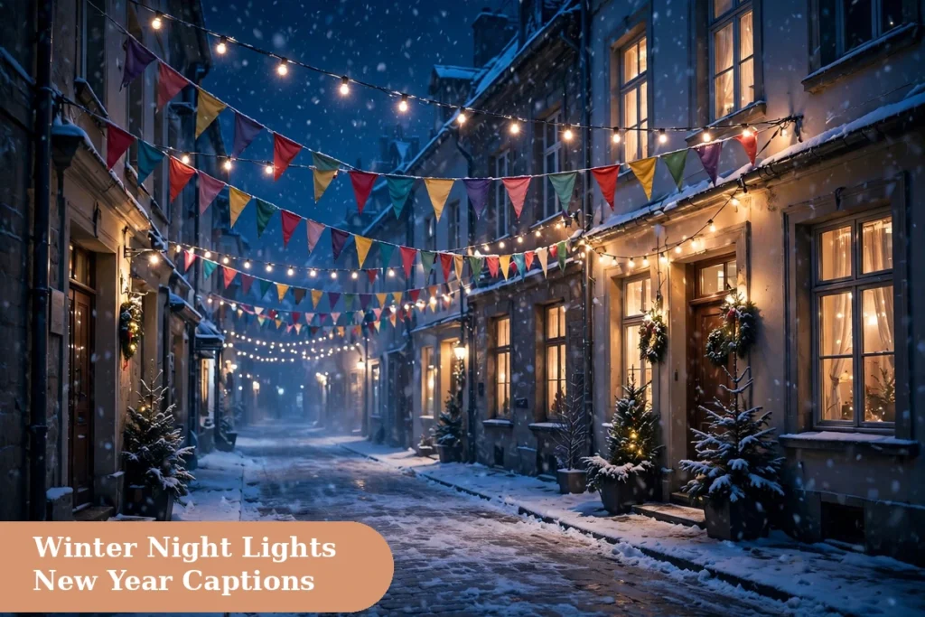 New year captions for instagram winter night lights with bonfire and friends