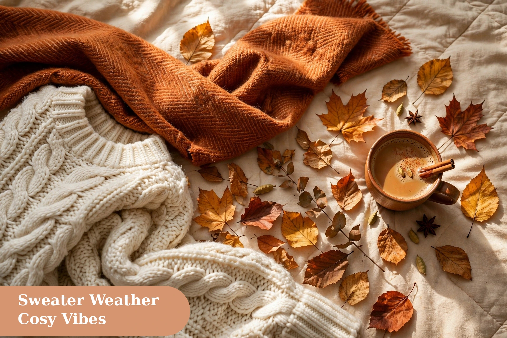 October captions for instagram sweater weather outfit flatlay on a cosy autumn bed