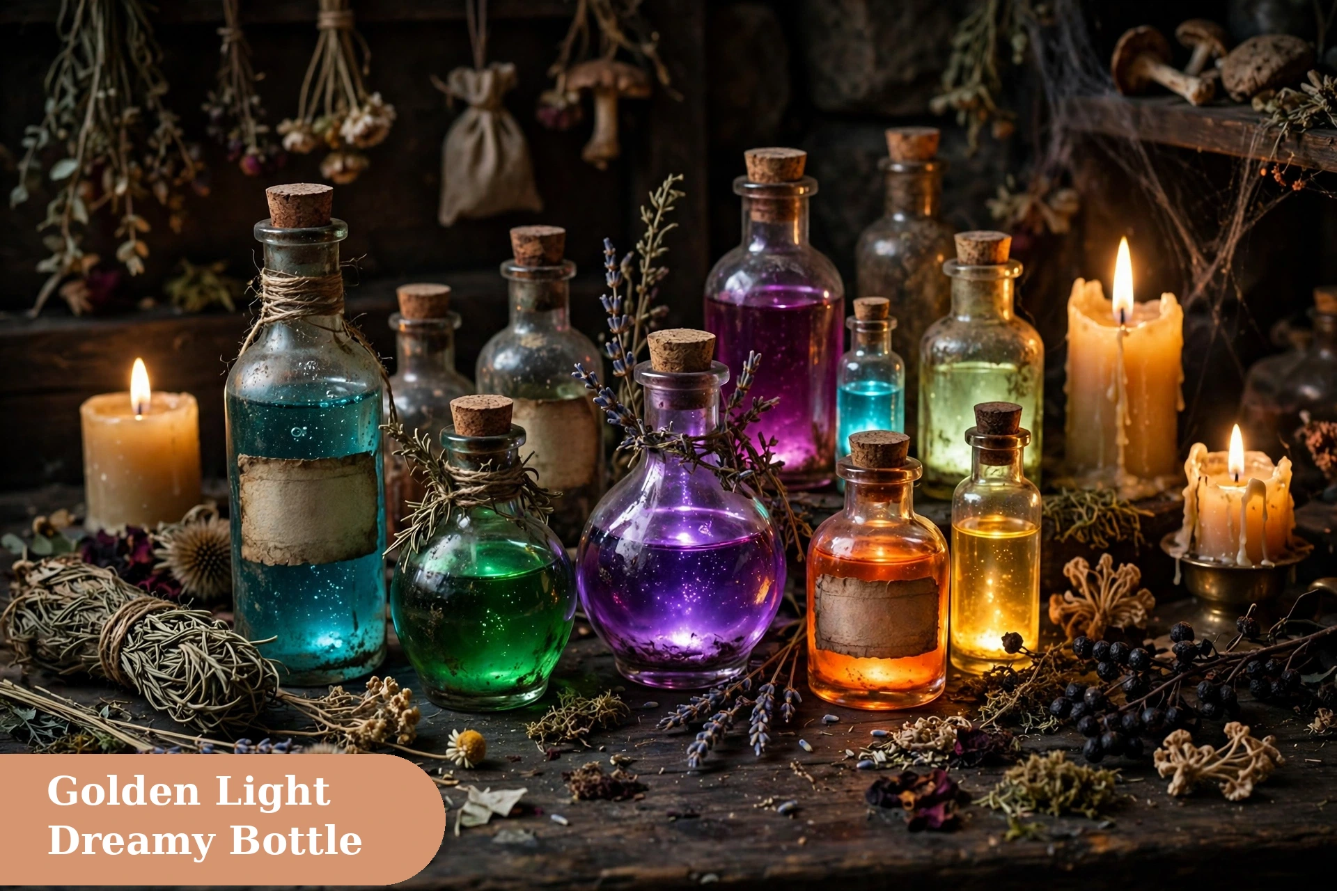 Potion captions for instagram with a dreamy brew bottle under warm golden light