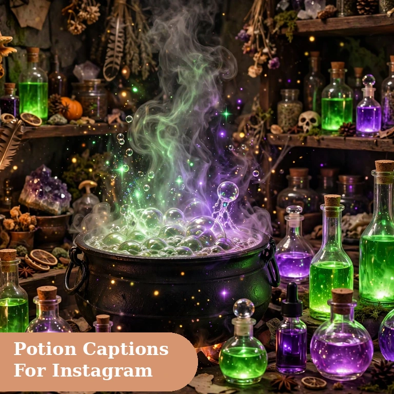 Potion captions for instagram featured image with a glowing purple brew in a glass bottle at night
