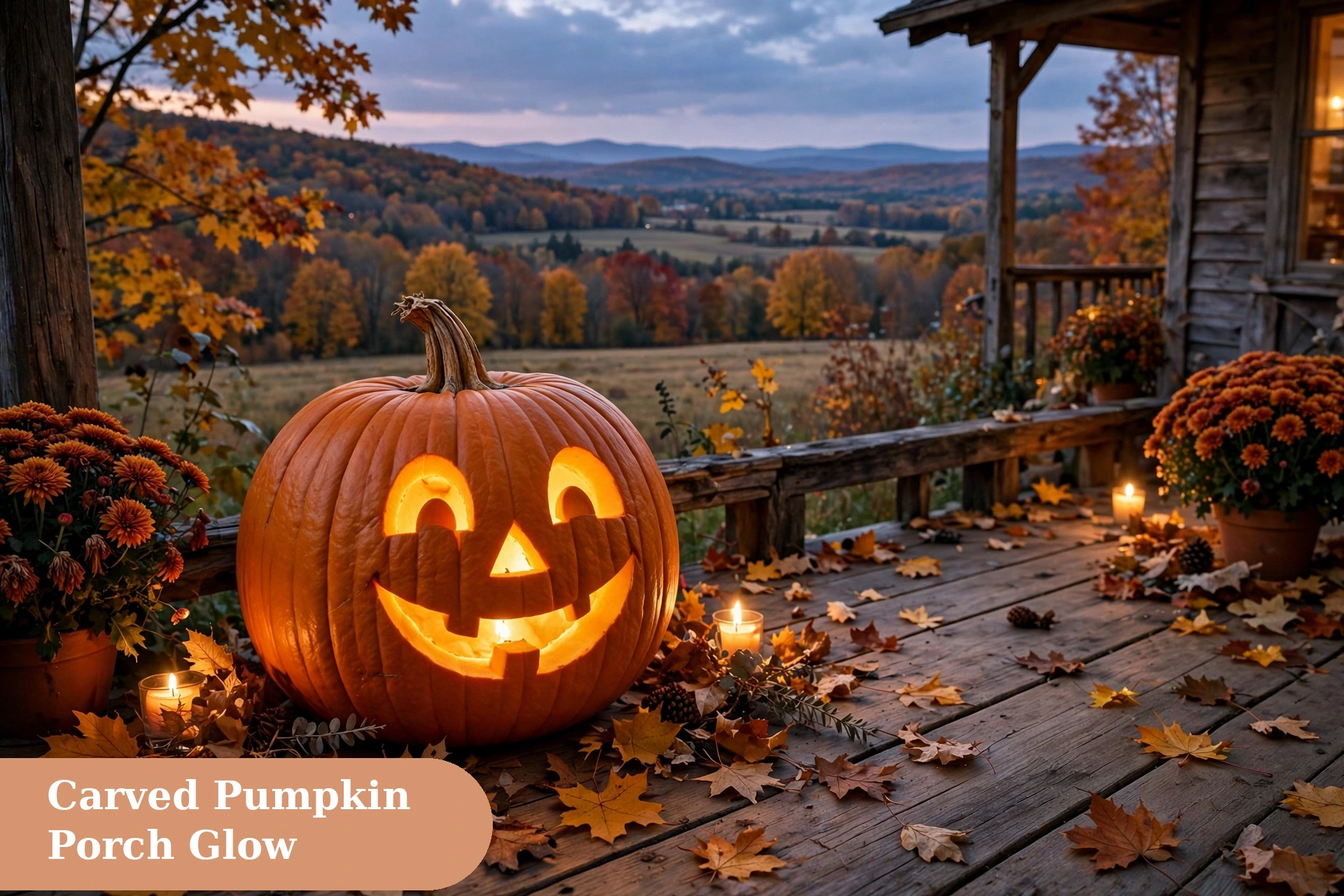 Pumpkin captions for instagram with a glowing carved pumpkin on a porch at dusk