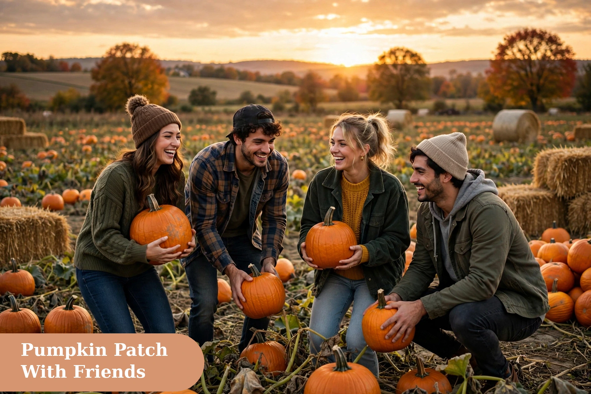 Pumpkin captions for instagram with friends picking pumpkins in a golden field