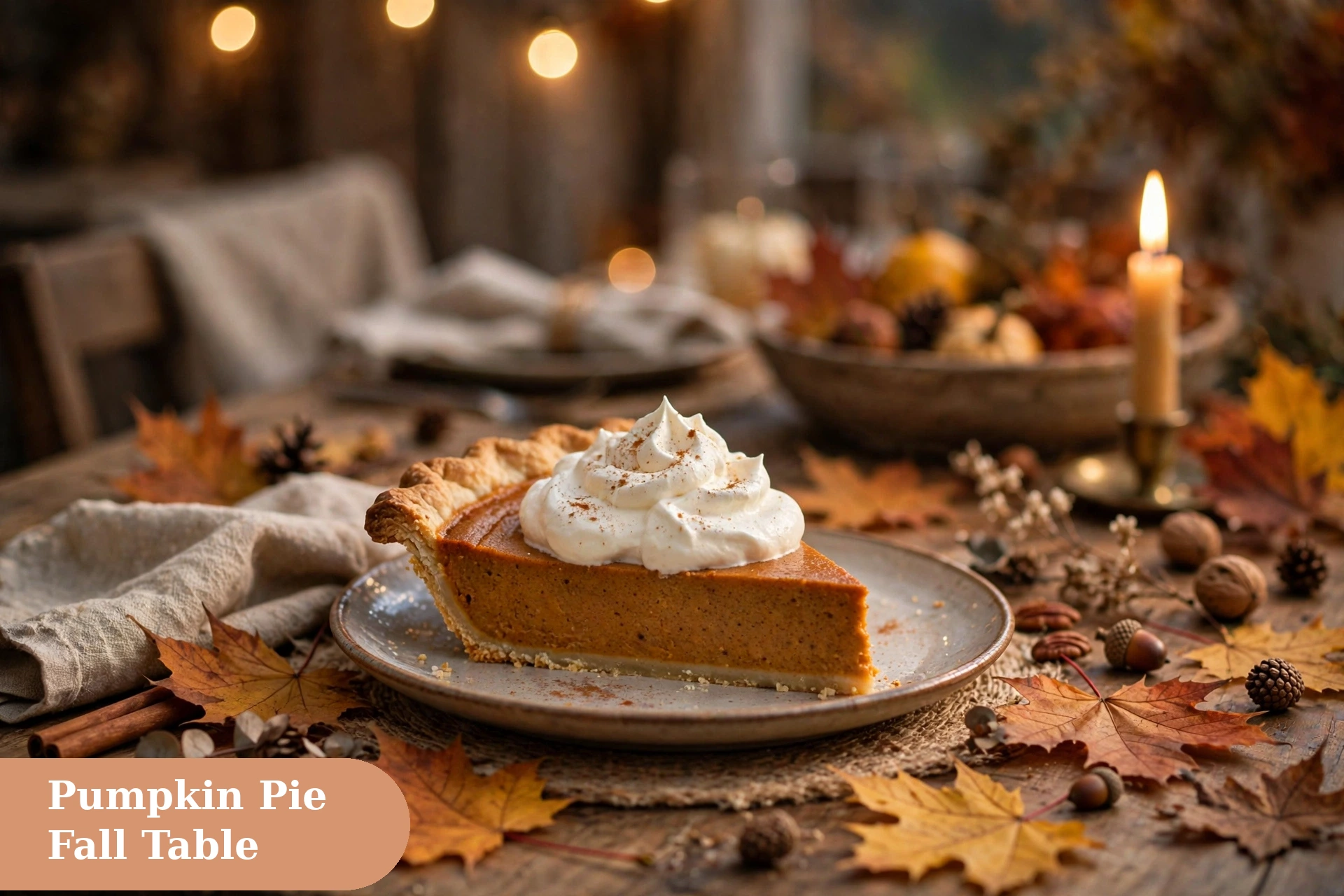 Pumpkin captions for instagram with a slice of pumpkin pie on a fall table