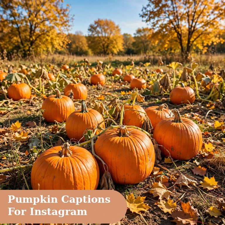Pumpkin captions for instagram featured image with bright orange pumpkins in a sunny fall patch