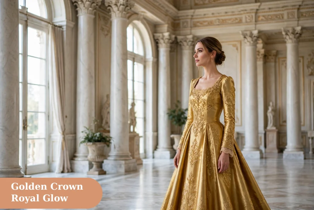 Queen captions for instagram with a confident woman posing in a royal gown at a palace