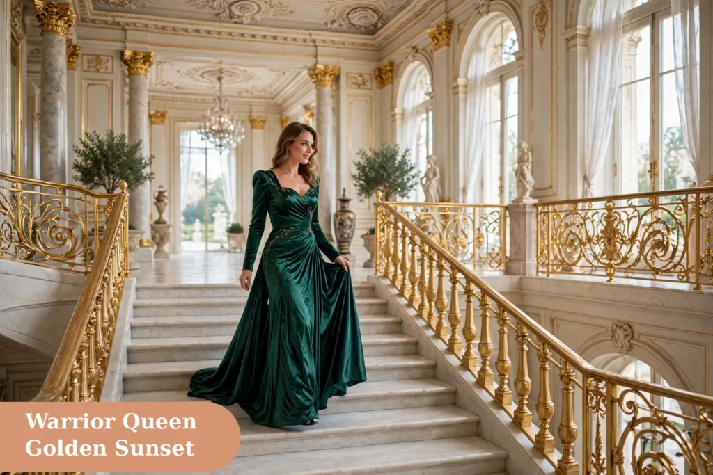 Queen captions for instagram with a warrior queen standing tall under golden sunset light