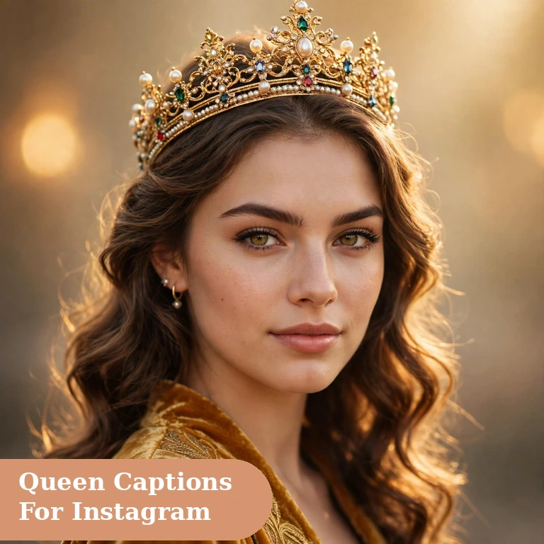 Queen captions for instagram featured image with a woman wearing a golden crown in soft light
