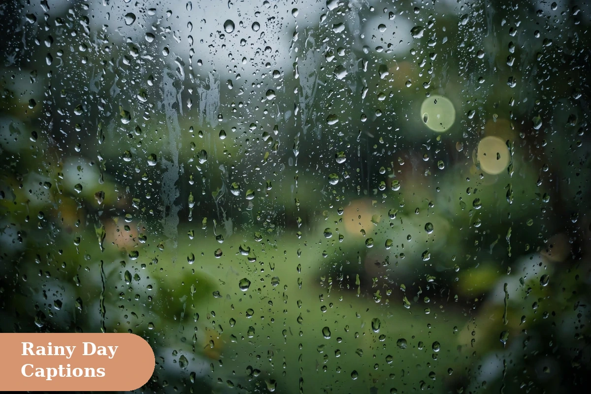 rain captions for instagram with close up rain drops on window glass over a green garden