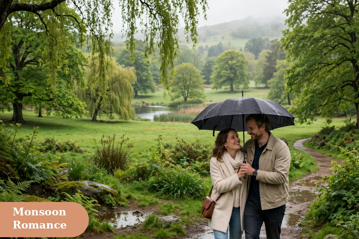 rain captions for instagram with a couple sharing an umbrella in light rain at a park