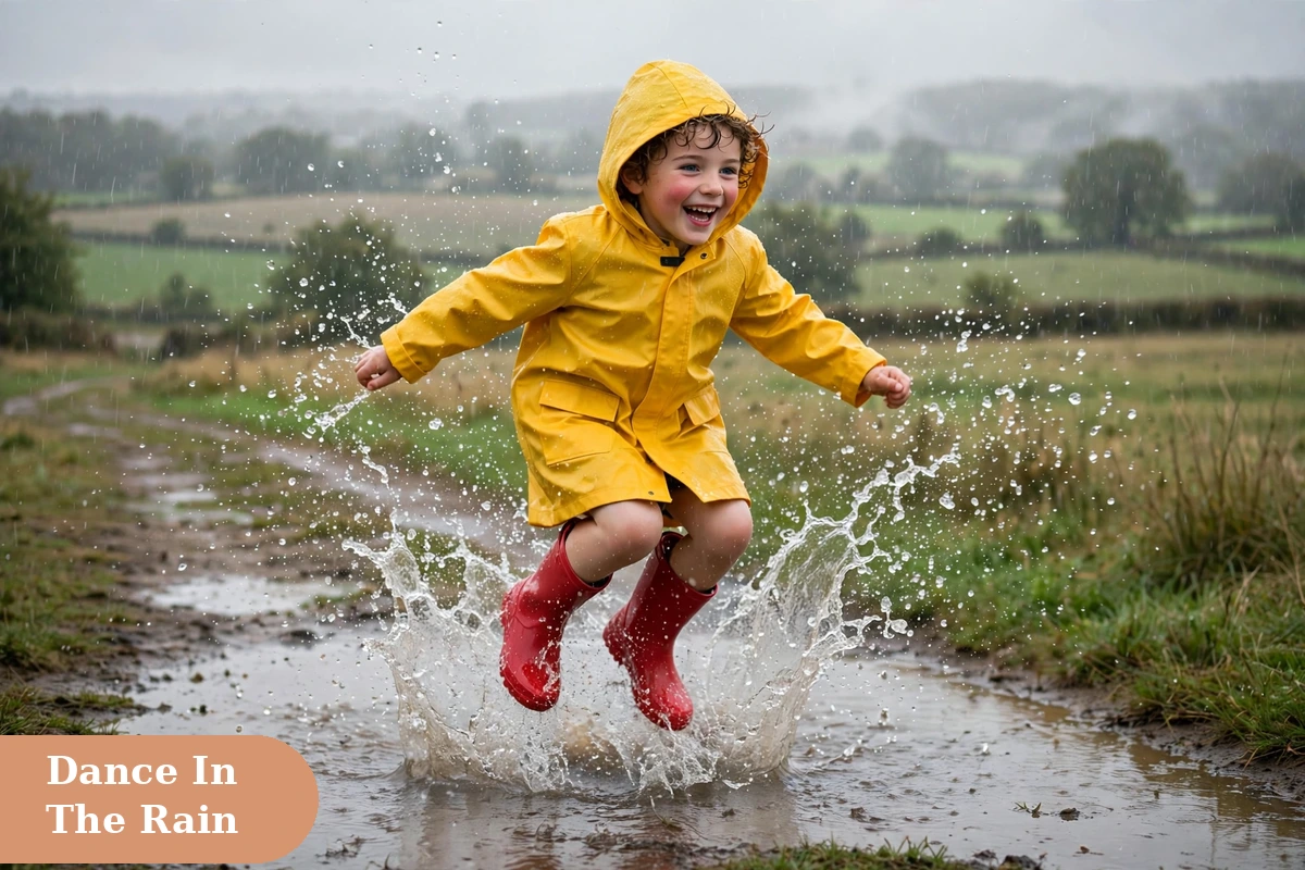 rain captions for instagram with a happy child in a yellow raincoat jumping in a puddle
