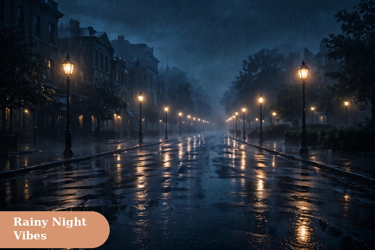 rain captions for instagram with a moody rainy night street glowing under street lamps