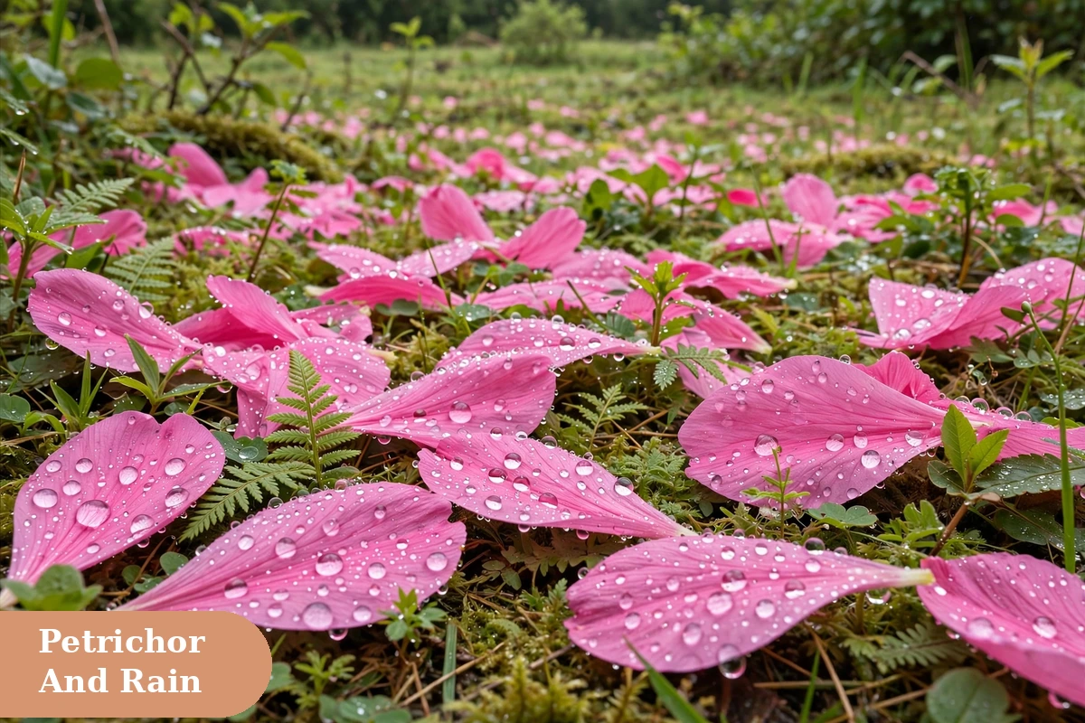 rain captions for instagram with macro rain drops on pink flower petals after rain