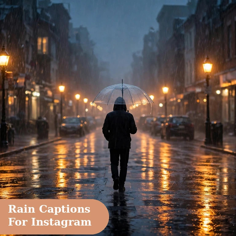 rain captions for instagram featured image of a rain soaked city street at dusk with a person holding an umbrella