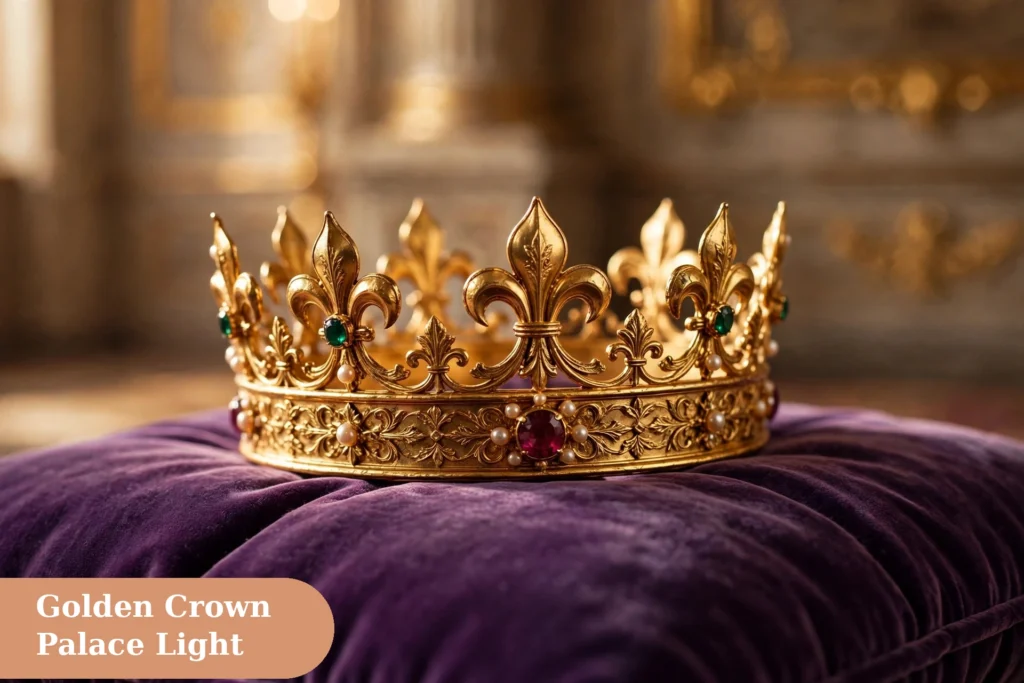 Royal captions for instagram with a golden crown in warm palace light