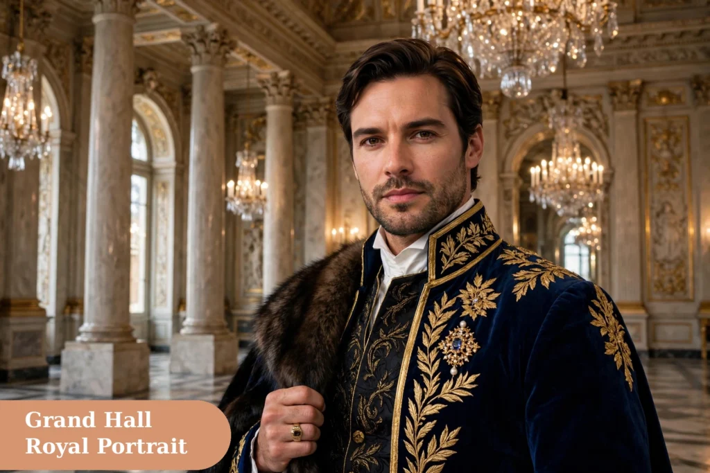Royal captions for instagram with a royal style portrait in a grand hall
