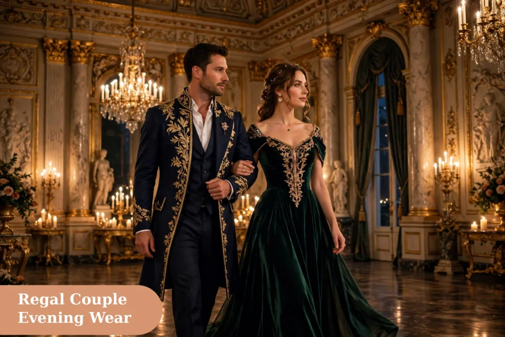 Royal captions for instagram with a couple in regal evening wear