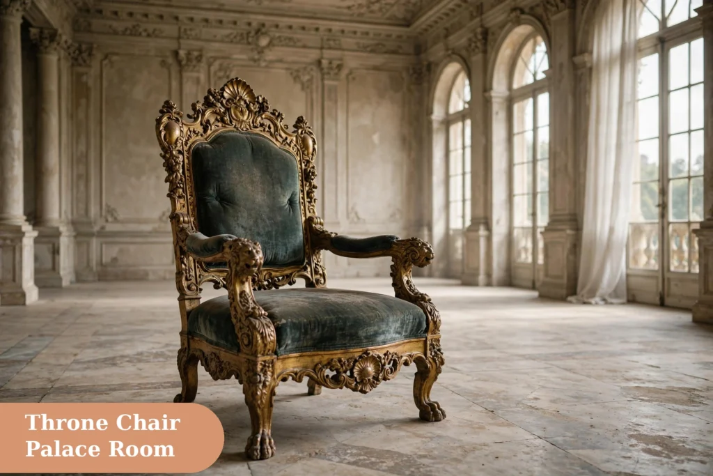 Royal captions for instagram with a vintage throne chair in a palace room