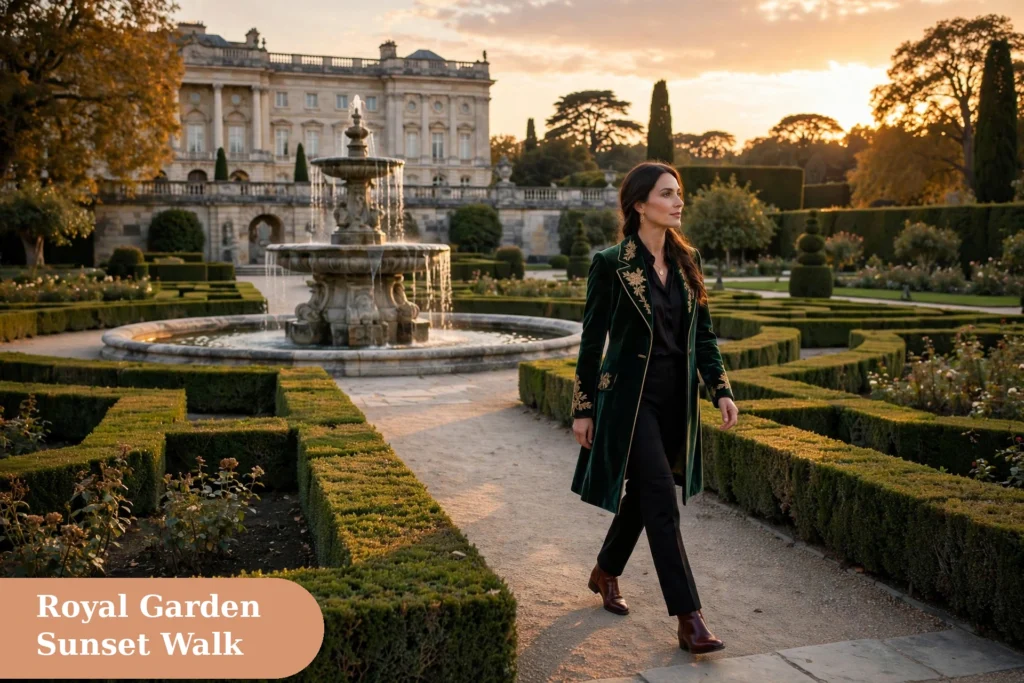 Royal captions for instagram with a royal garden walk at golden sunset