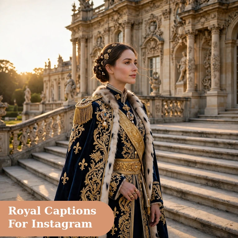 Royal captions for instagram featured image with an elegant outfit on palace steps