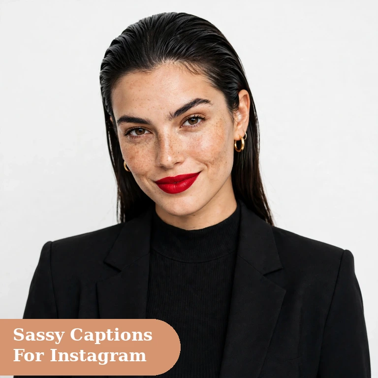 Sassy captions for instagram featured image with a confident girl posing in bold red outfit