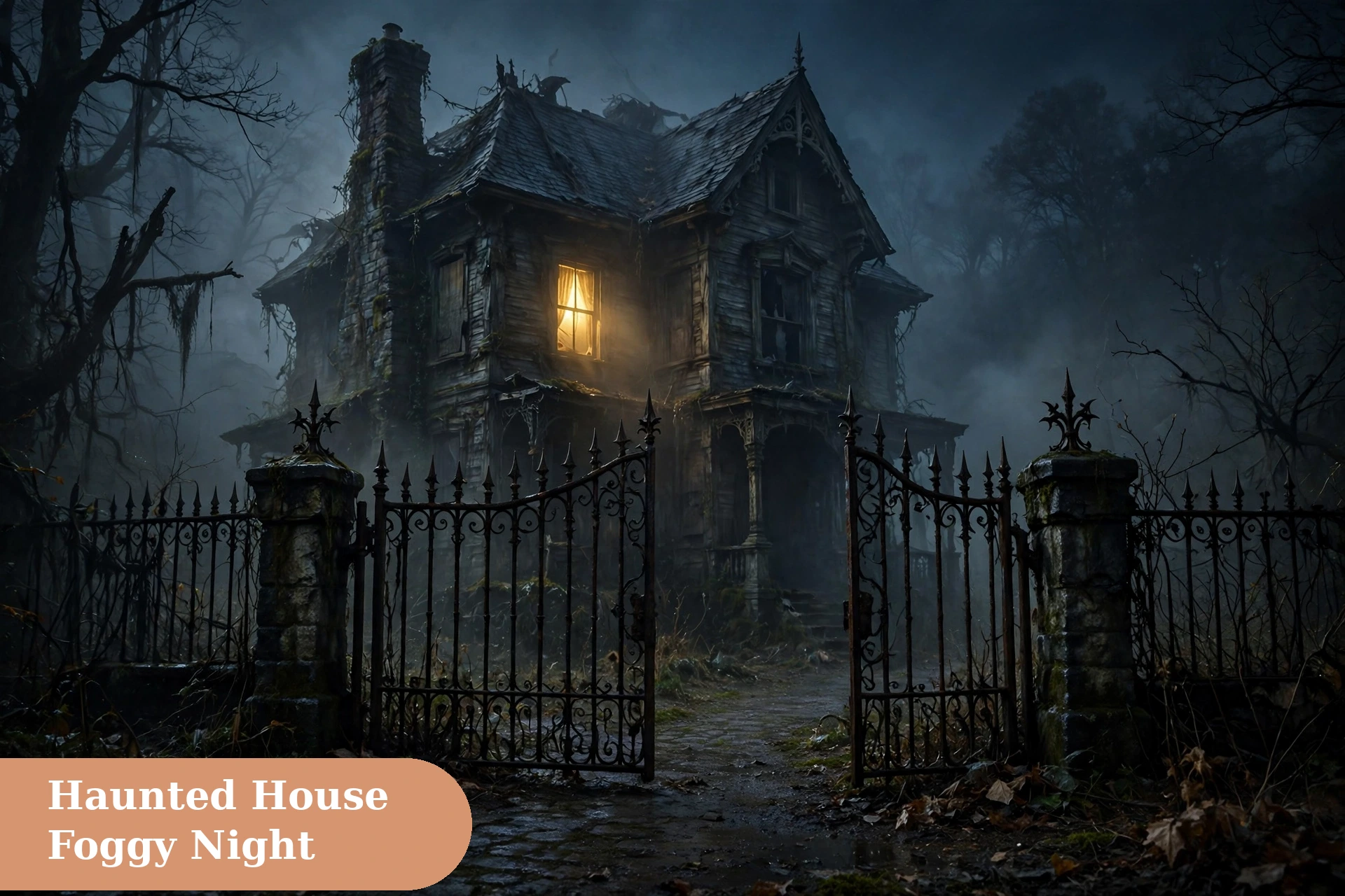 Scary captions for instagram with a haunted house exterior on a foggy night
