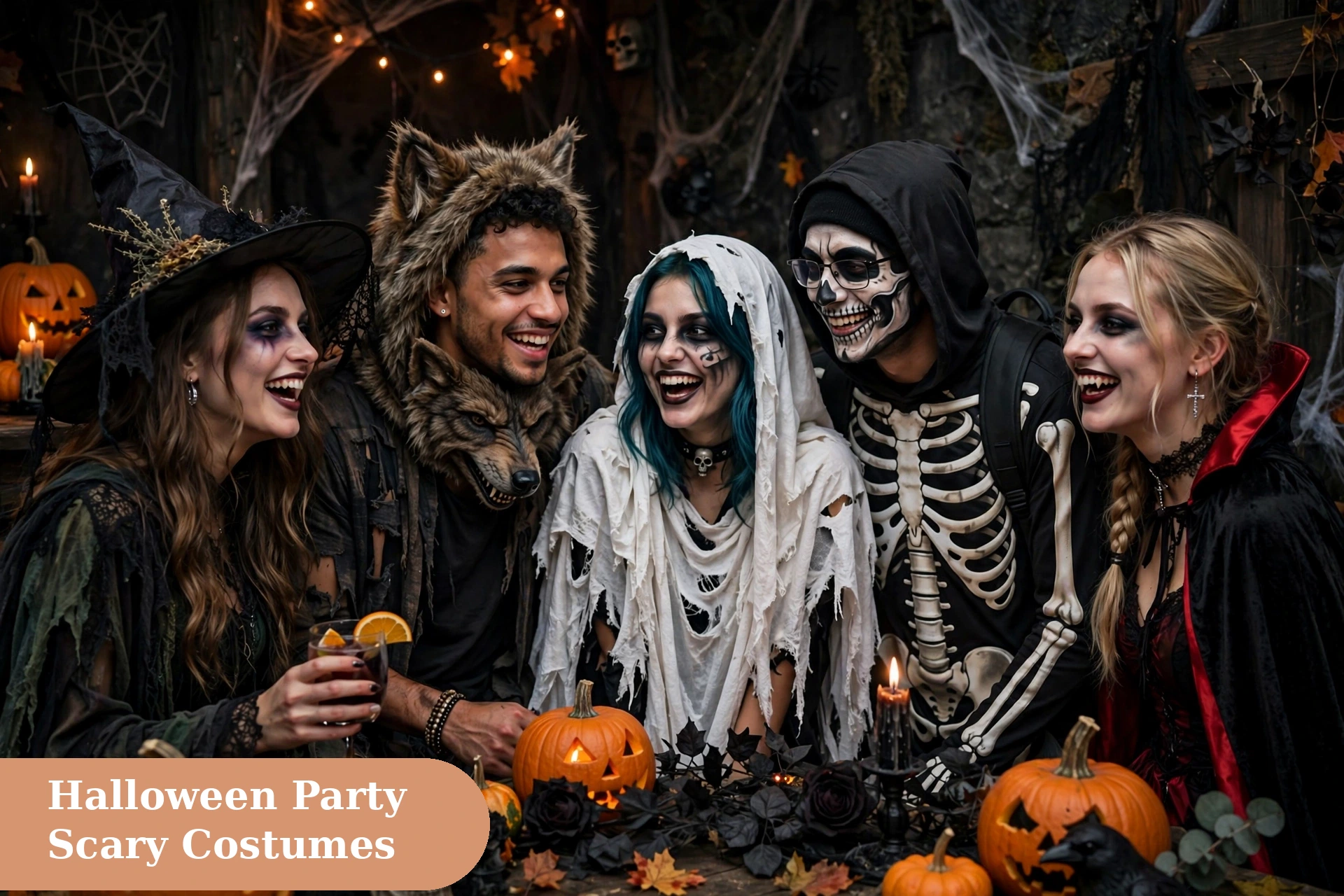 Scary captions for instagram with friends in scary costumes at a Halloween party