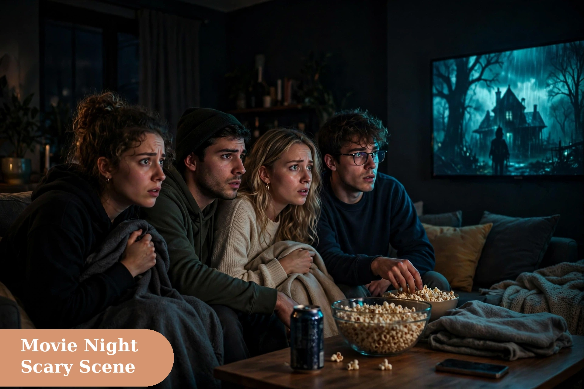 Scary captions for instagram with a scary movie night scene with popcorn