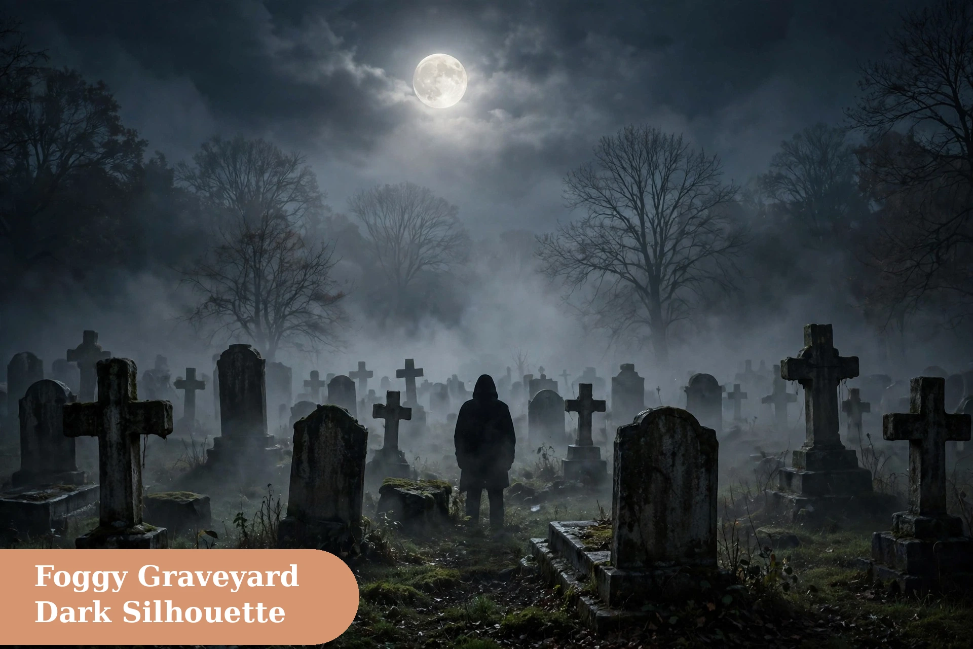 Scary captions for instagram with a dark silhouette in a foggy graveyard