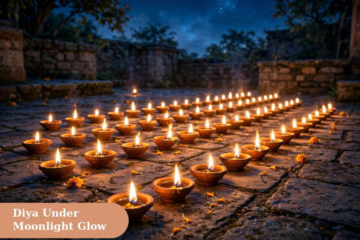 sharad purnima captions for instagram diya image with rows of lit diyas under the full moon on sharad purnima night