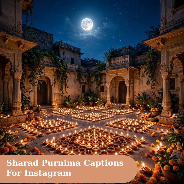 sharad purnima captions for instagram featured image with a glowing full moon over a festive terrace at night