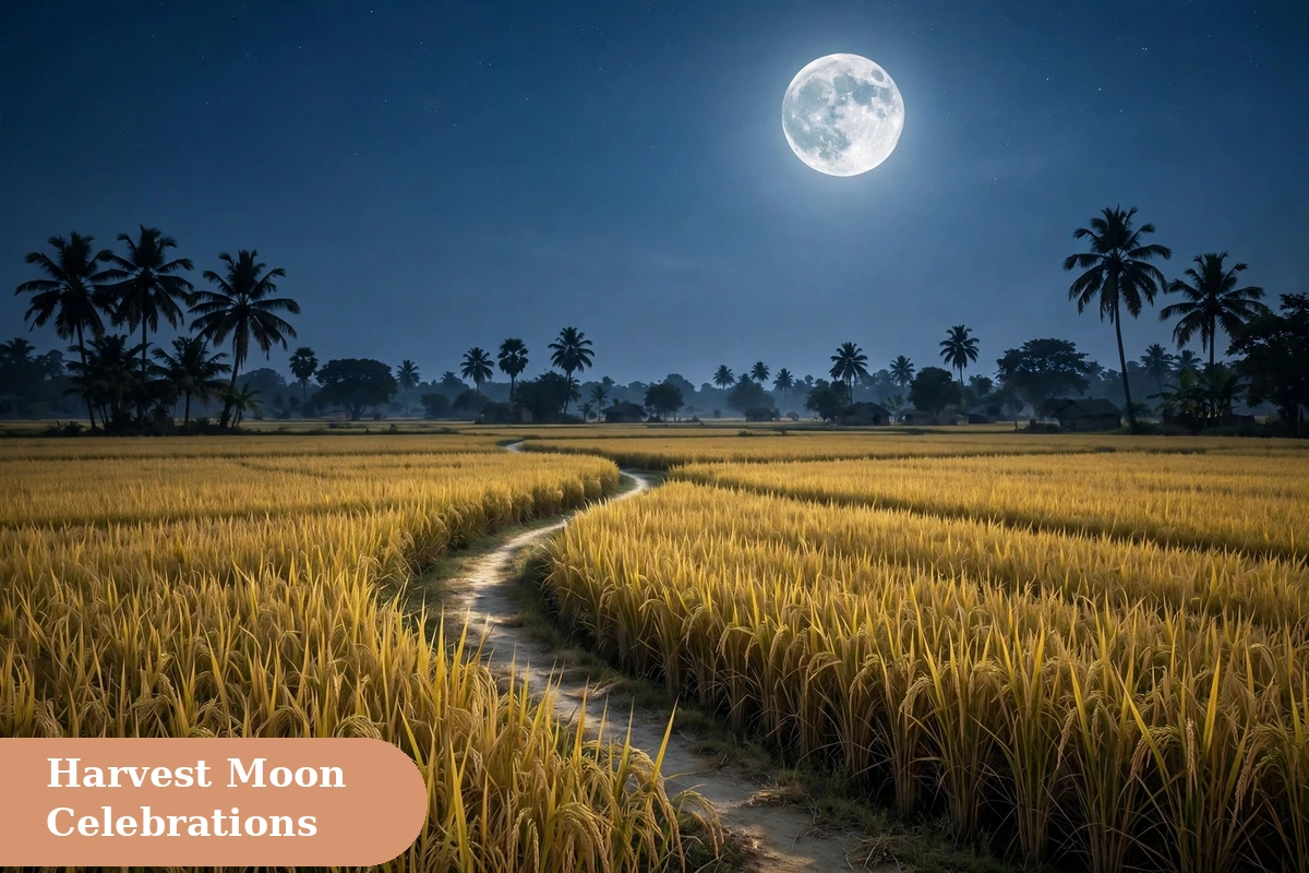 sharad purnima captions for instagram harvest moon image with golden wheat fields under a bright autumn full moon