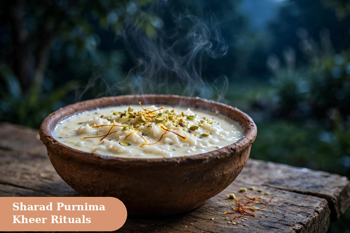 sharad purnima captions for instagram kheer ritual image with a clay bowl of kheer garnished with nuts in moonlight
