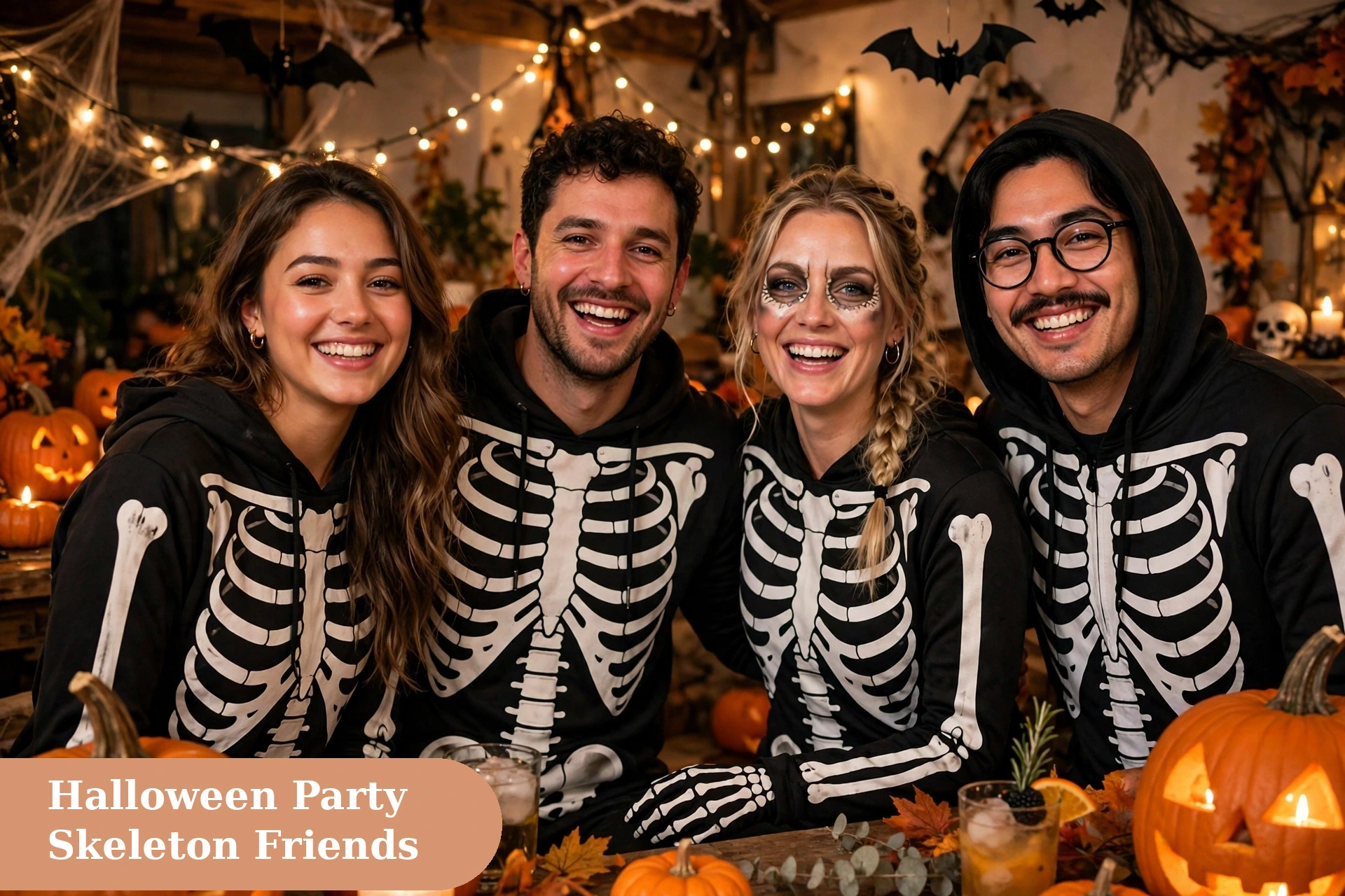 Skeleton captions for instagram with friends in skeleton costumes at a Halloween party