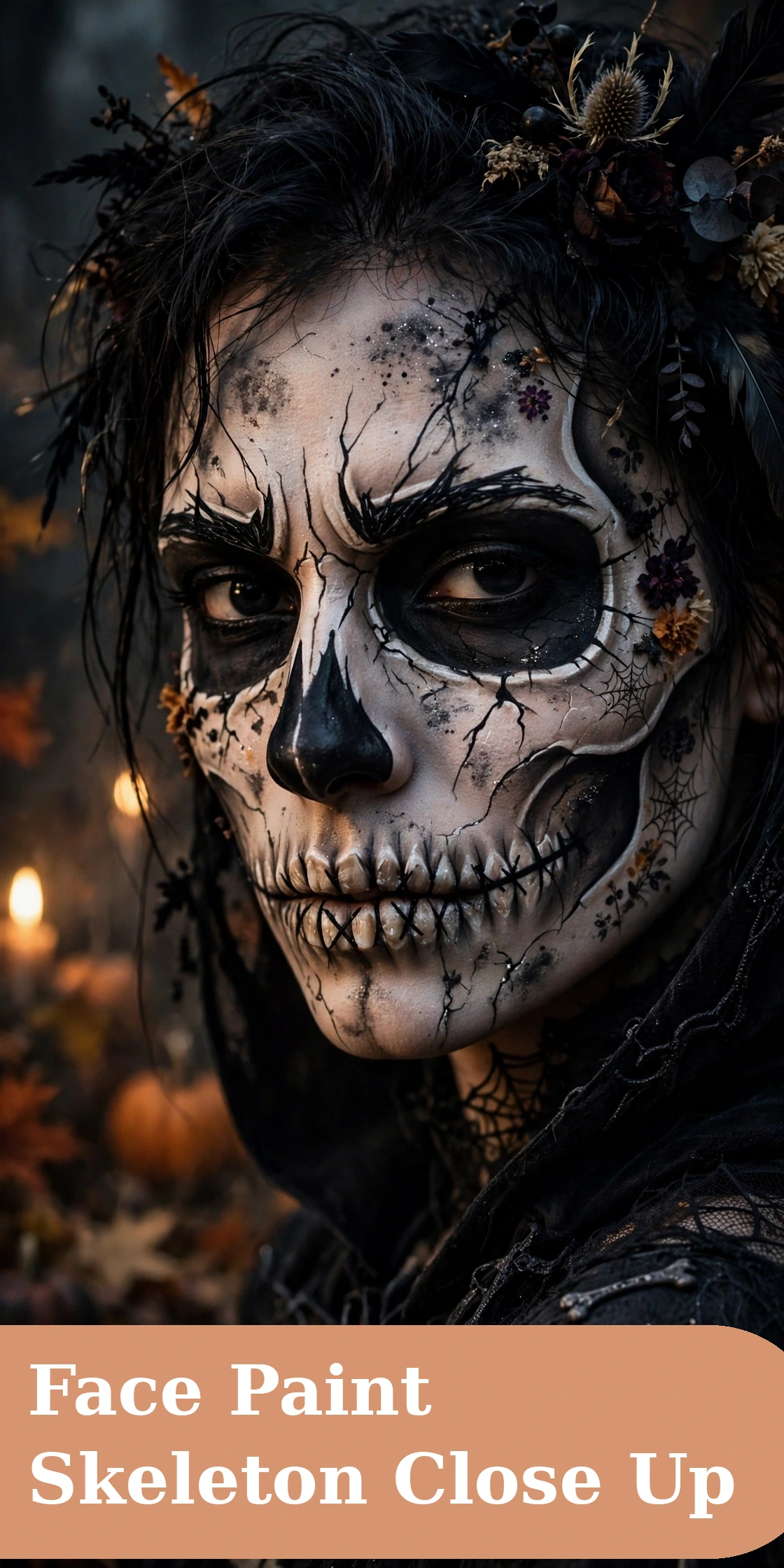 Skeleton captions for instagram with skeleton face paint and costume close up