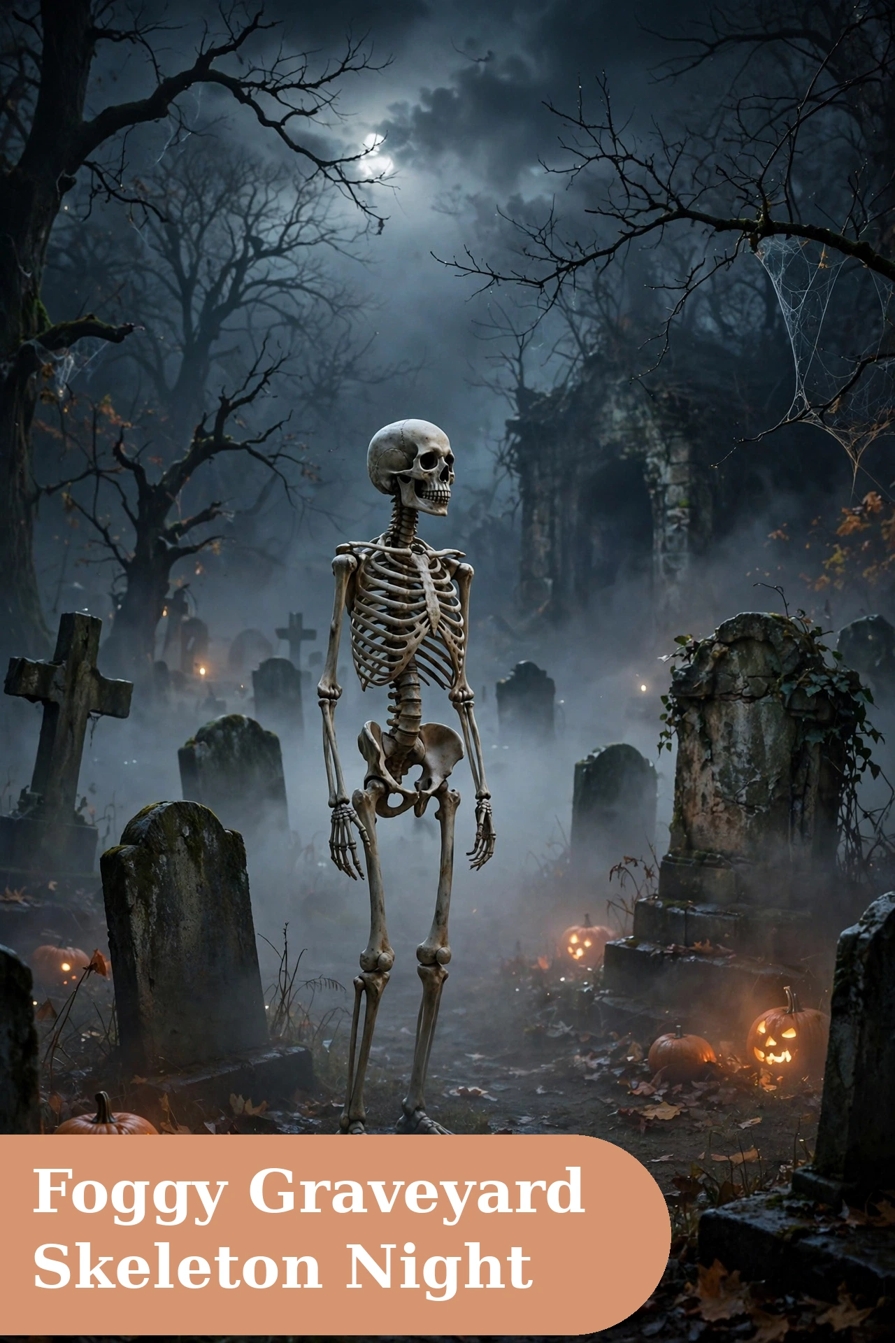 Skeleton captions for instagram with a skeleton in a graveyard on a foggy night