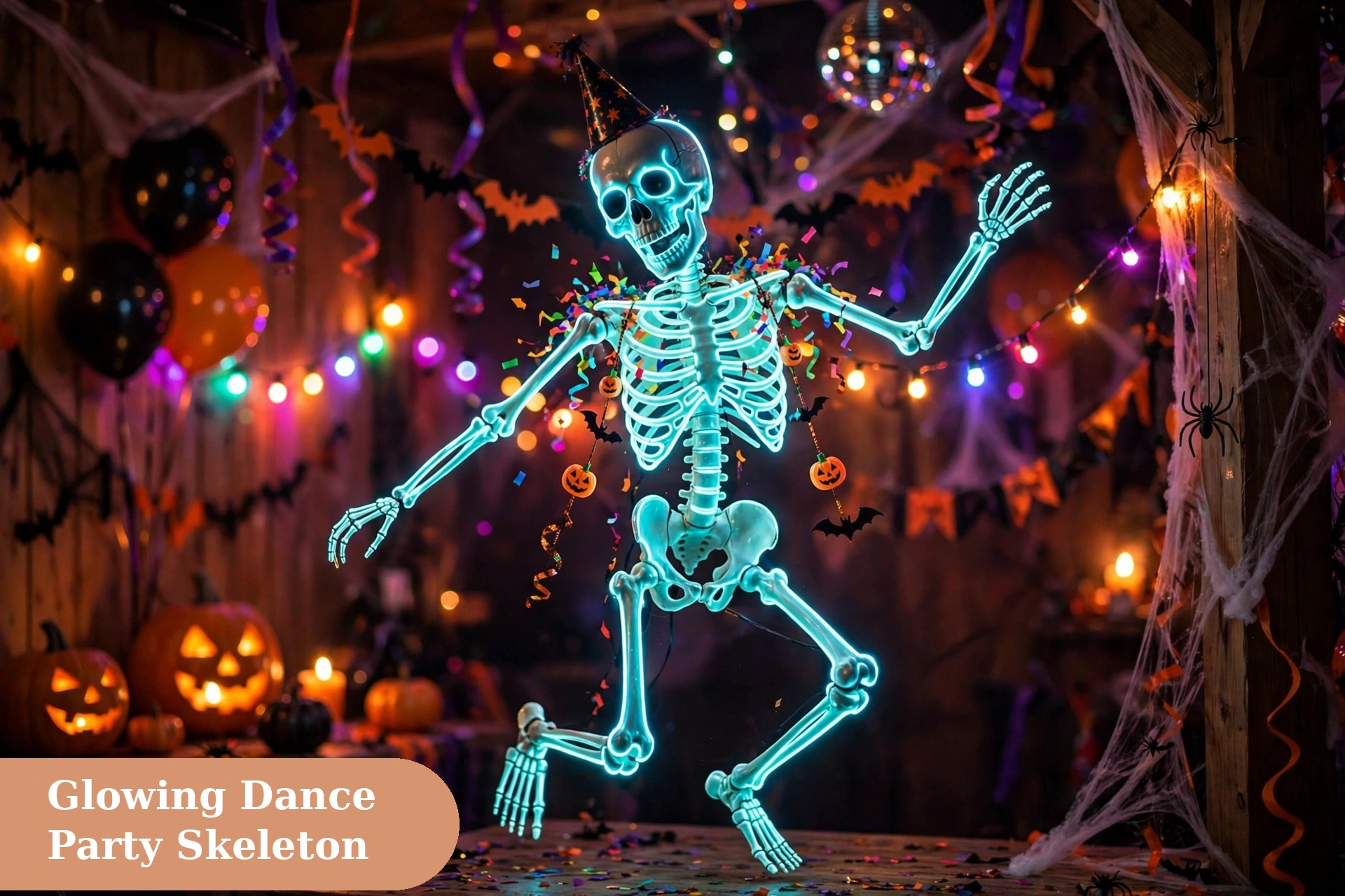 Skeleton captions for instagram with a glowing skeleton dancing at a party