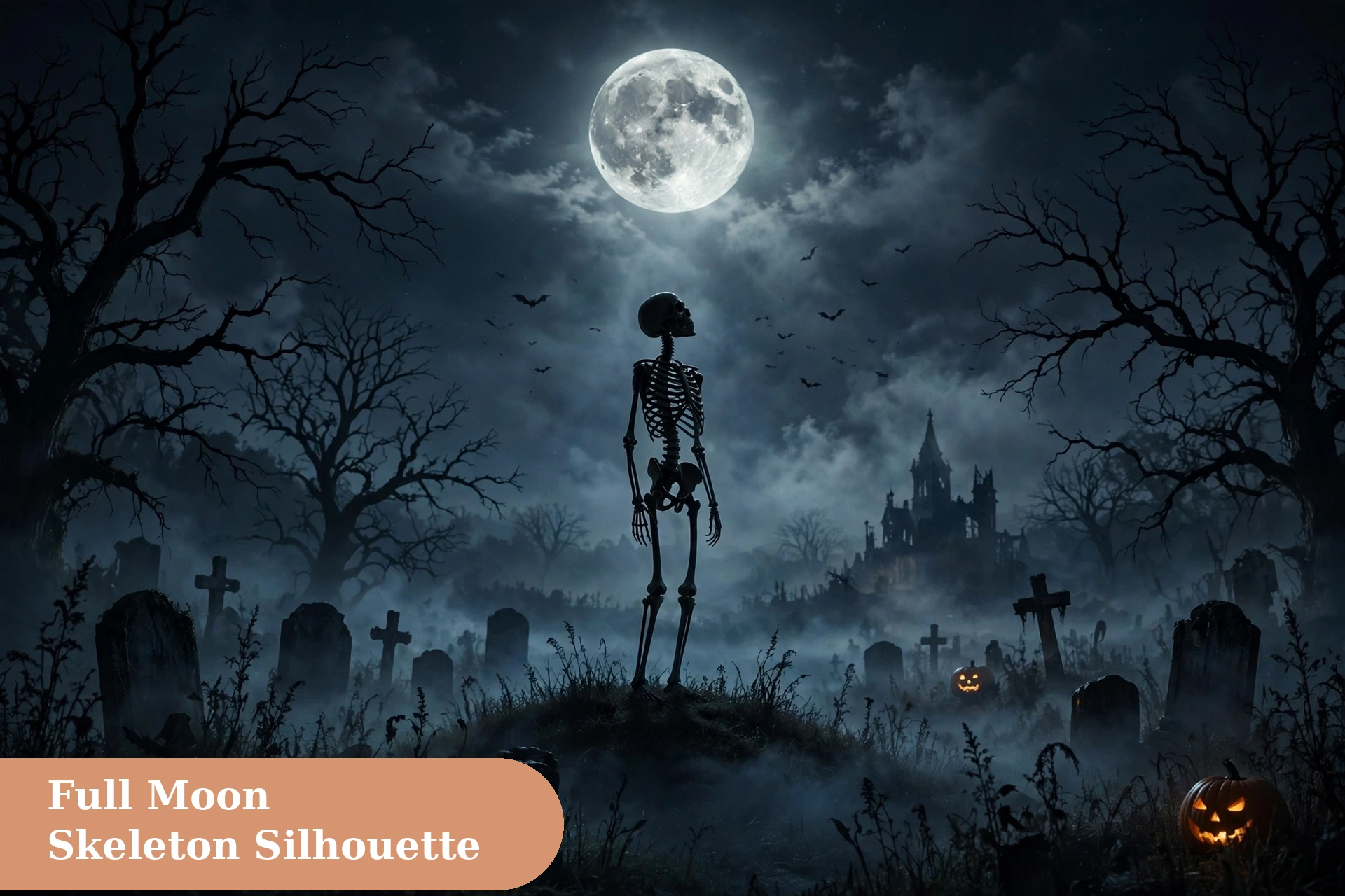 Skeleton captions for instagram with a skeleton silhouette under a full moon