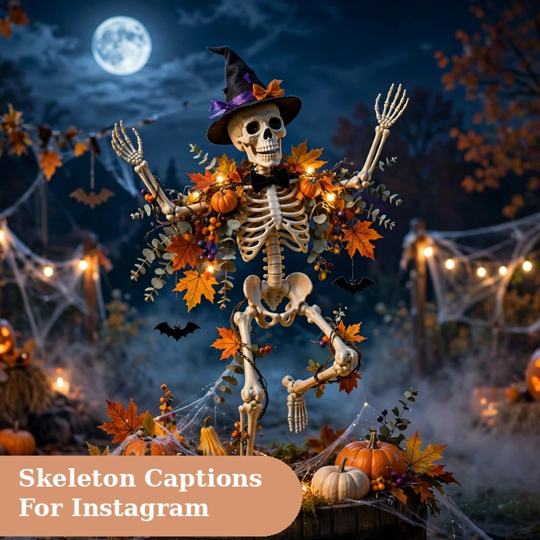 Skeleton captions for instagram featured image with a dancing skeleton under moonlight
