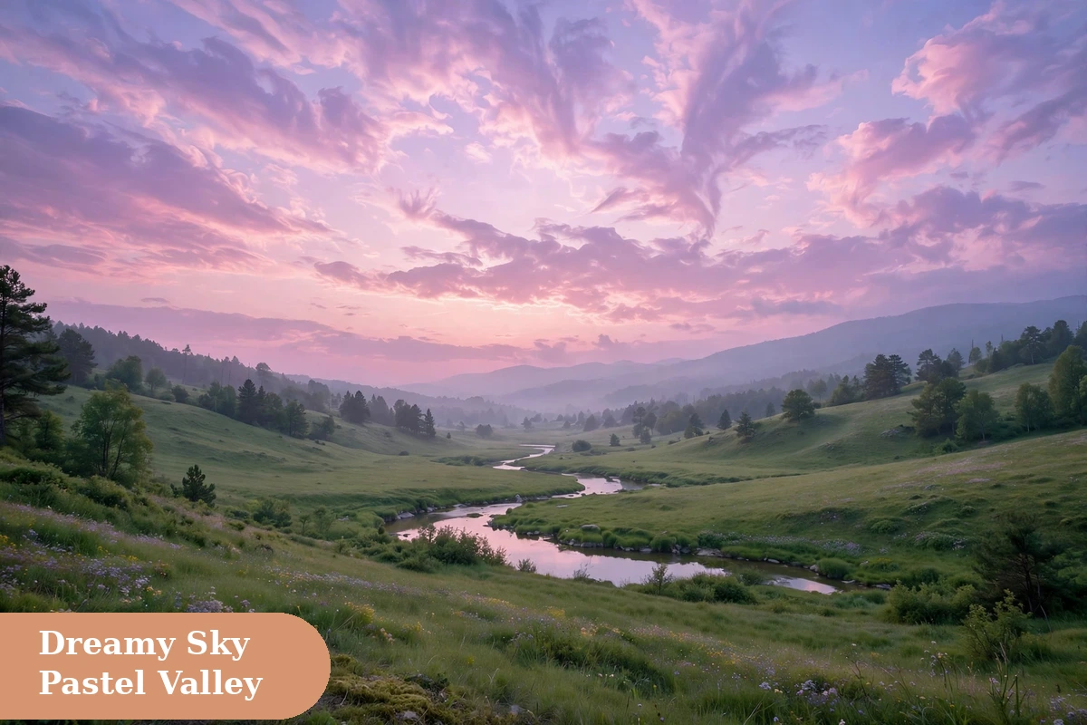 Sky captions for instagram with pastel dreamy sky over a calm evening valley
